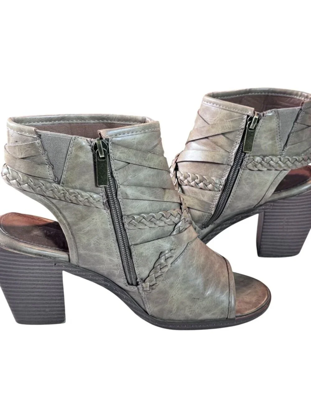 93 Vintage Bradyn Peep Toe Ankle Boots Size 9M Tan Faux Leather Strappy Heel